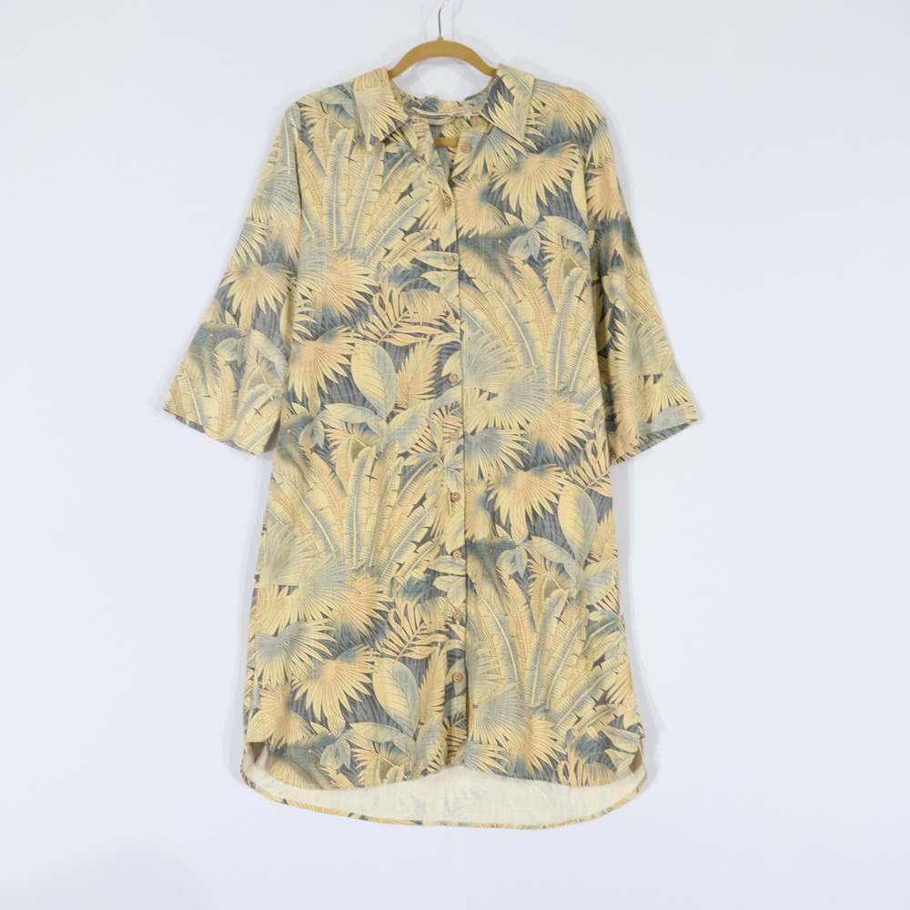 Soft Surroundings Linen Tropical Palm Shirt Dress Women M Yellow Vacation Travel